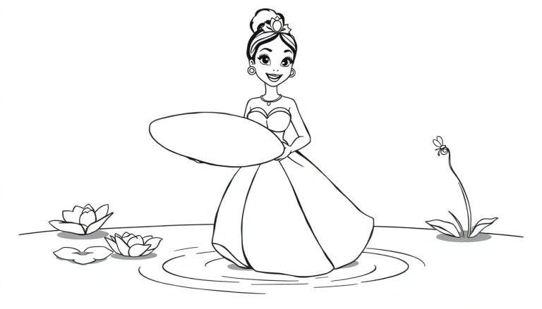 A black and white color panel drawing of Princess Tiana smiling and holding a lily pad. Simple outlines for kids.