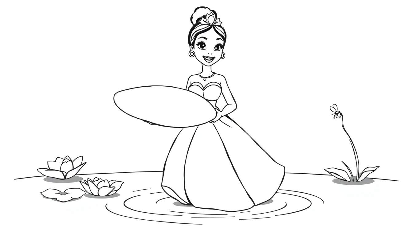 A black and white color panel drawing of Princess Tiana smiling and holding a lily pad. Simple outlines for kids.