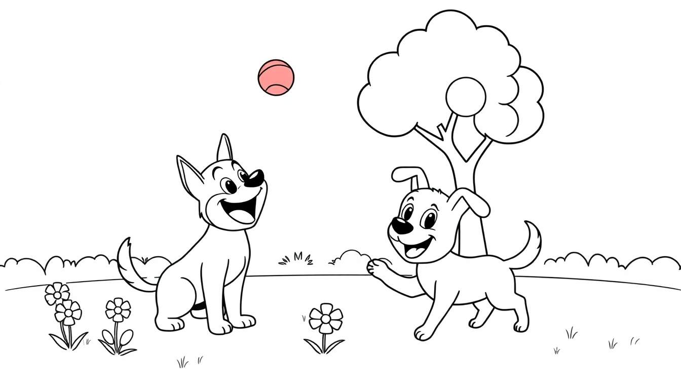 A black and white color panel illustration of two happy dogs playing with a pink ball in a park, with a tree and rolling hills in the background.