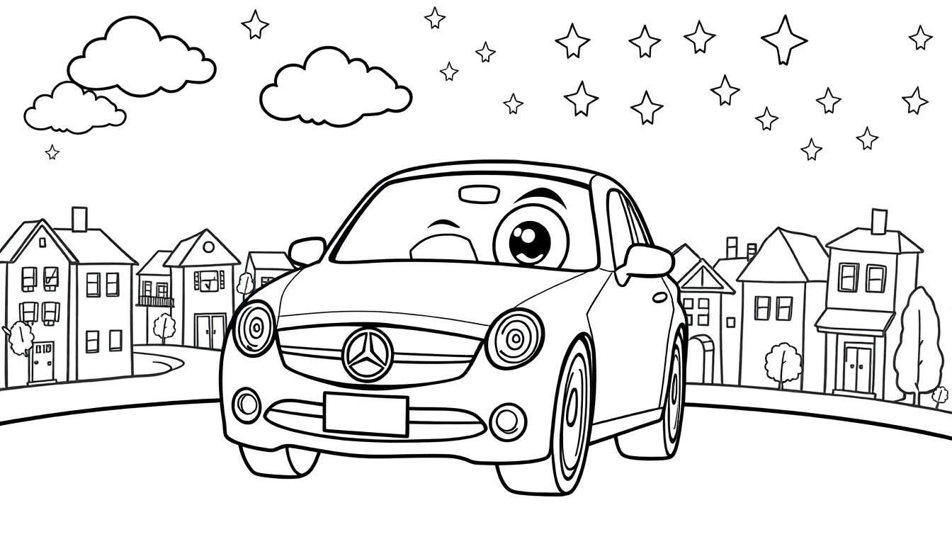 A black and white drawing of a cartoon car with one big eye, with a Mercedes-Benz logo, driving past houses under a starry sky with clouds. Coloring page style.