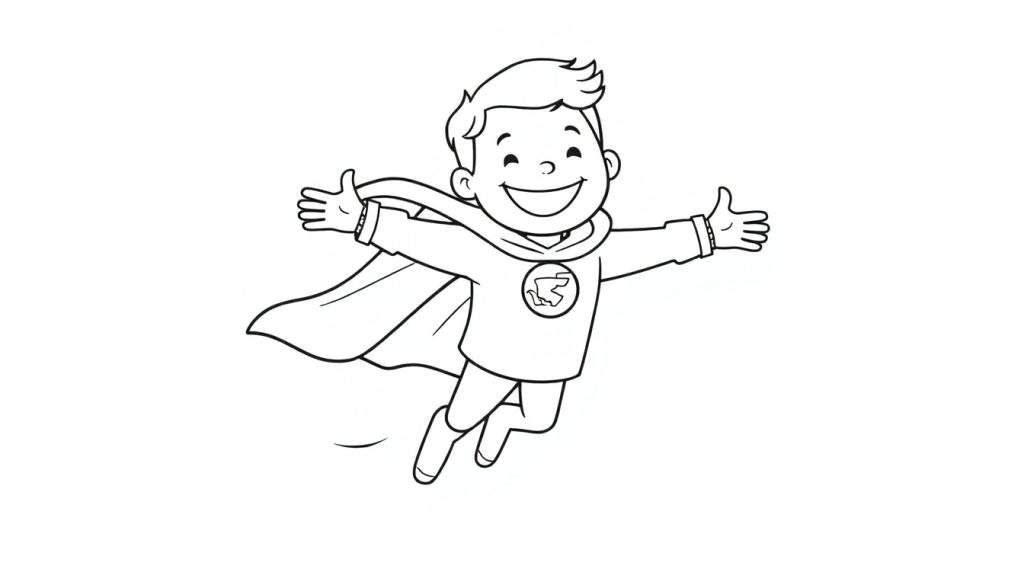 A cheerful boy in a superhero costume, flying with his arms spread wide. This black and white color panel is ready for your artistic touch!