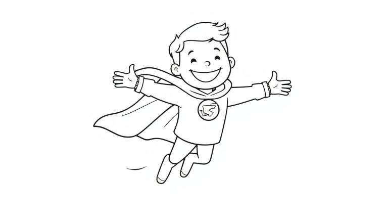 A cheerful boy in a superhero costume, flying with his arms spread wide. This black and white color panel is ready for your artistic touch!