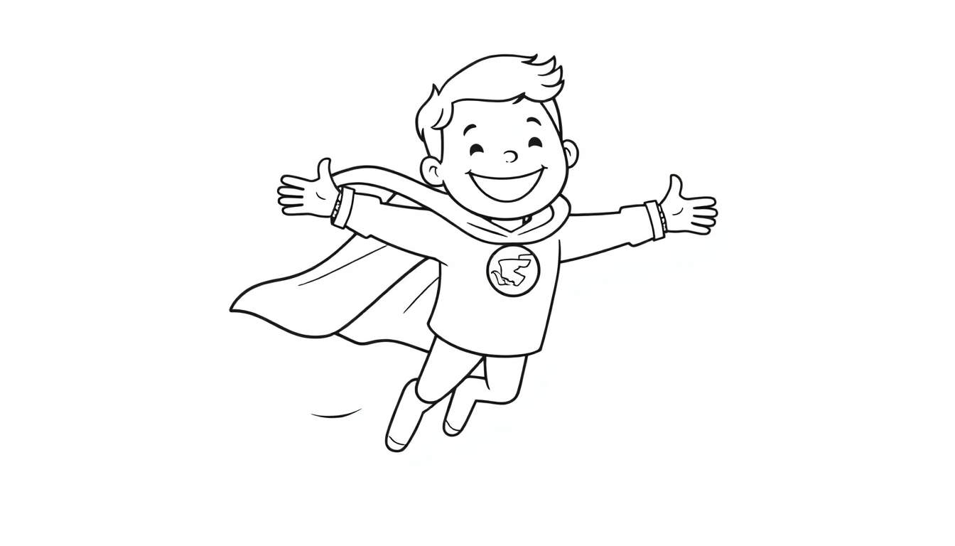 A cheerful boy in a superhero costume, flying with his arms spread wide. This black and white color panel is ready for your artistic touch!