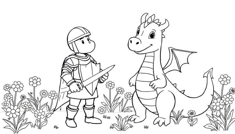 A black and white line art coloring page featuring a knight and a dragon. Knight and dragon color panel.