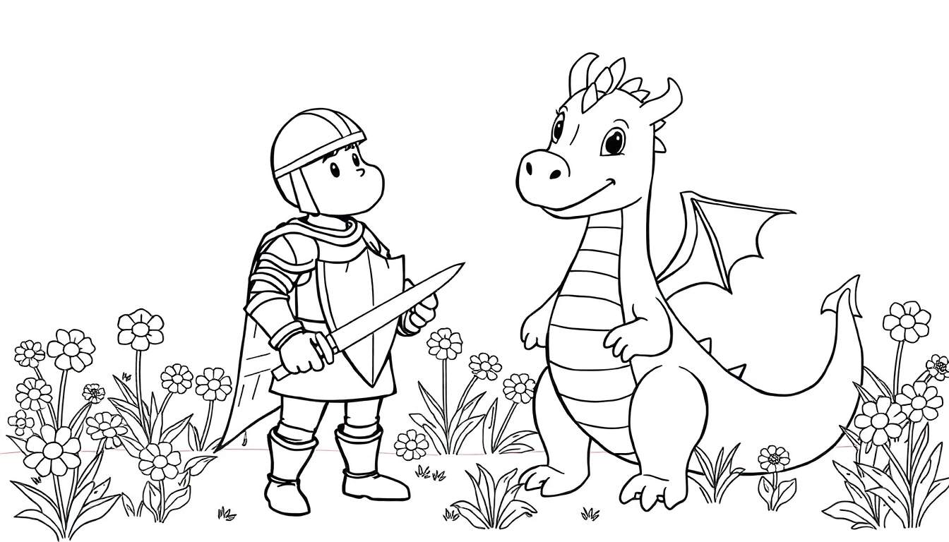 A black and white line art coloring page featuring a knight and a dragon. Knight and dragon color panel.