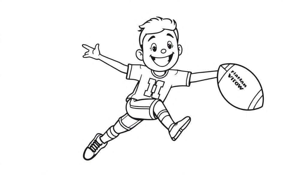 A black and white illustration of a young boy in a football uniform with the number 11, happily jumping with a football, ready for coloring fun. This color panel shows pure joy!