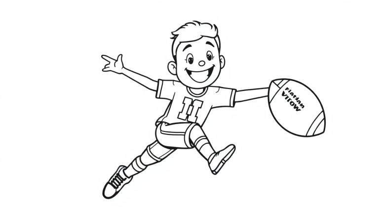 A black and white illustration of a young boy in a football uniform with the number 11, happily jumping with a football, ready for coloring fun. This color panel shows pure joy!