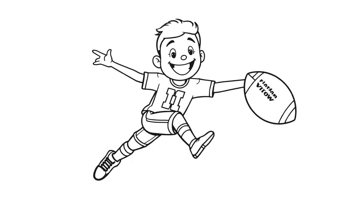 A black and white illustration of a young boy in a football uniform with the number 11, happily jumping with a football, ready for coloring fun. This color panel shows pure joy!