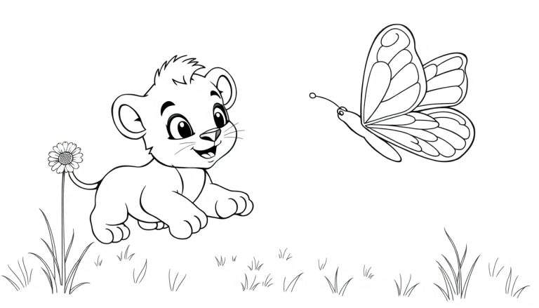 A cute lion cub coloring panel playing with a butterfly and a flower.