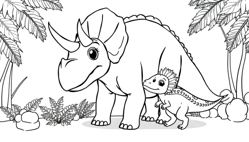 A cute, black and white illustration of a Triceratops family for a color panel.