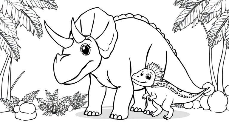 A cute, black and white illustration of a Triceratops family for a color panel.