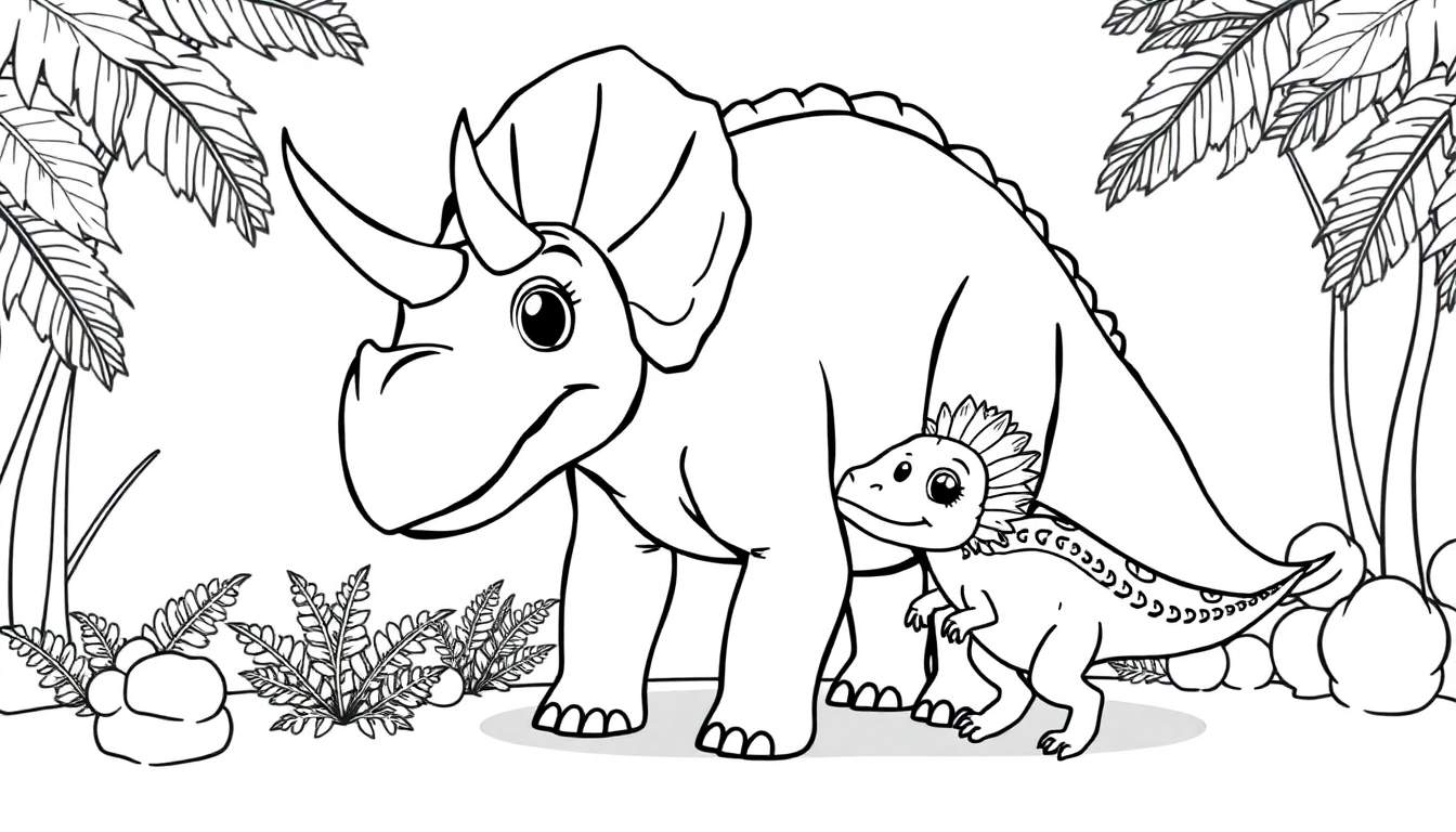 A cute, black and white illustration of a Triceratops family for a color panel.