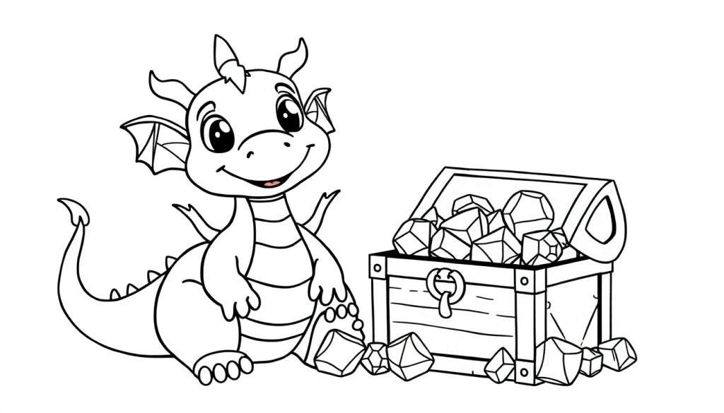 A cute cartoon dragon smiling next to a treasure chest, ready to be colored in this black and white color panel.