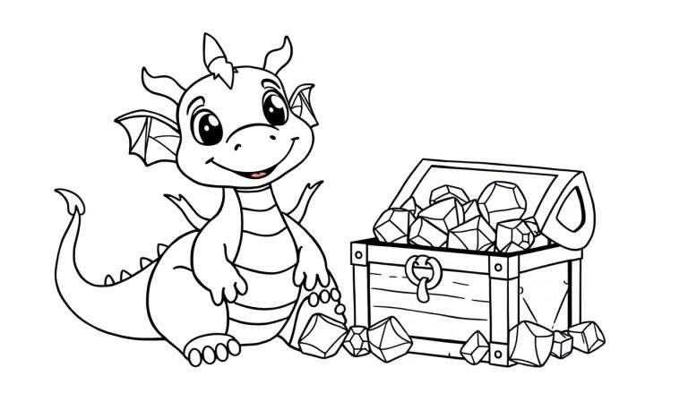 A cute cartoon dragon smiling next to a treasure chest, ready to be colored in this black and white color panel.