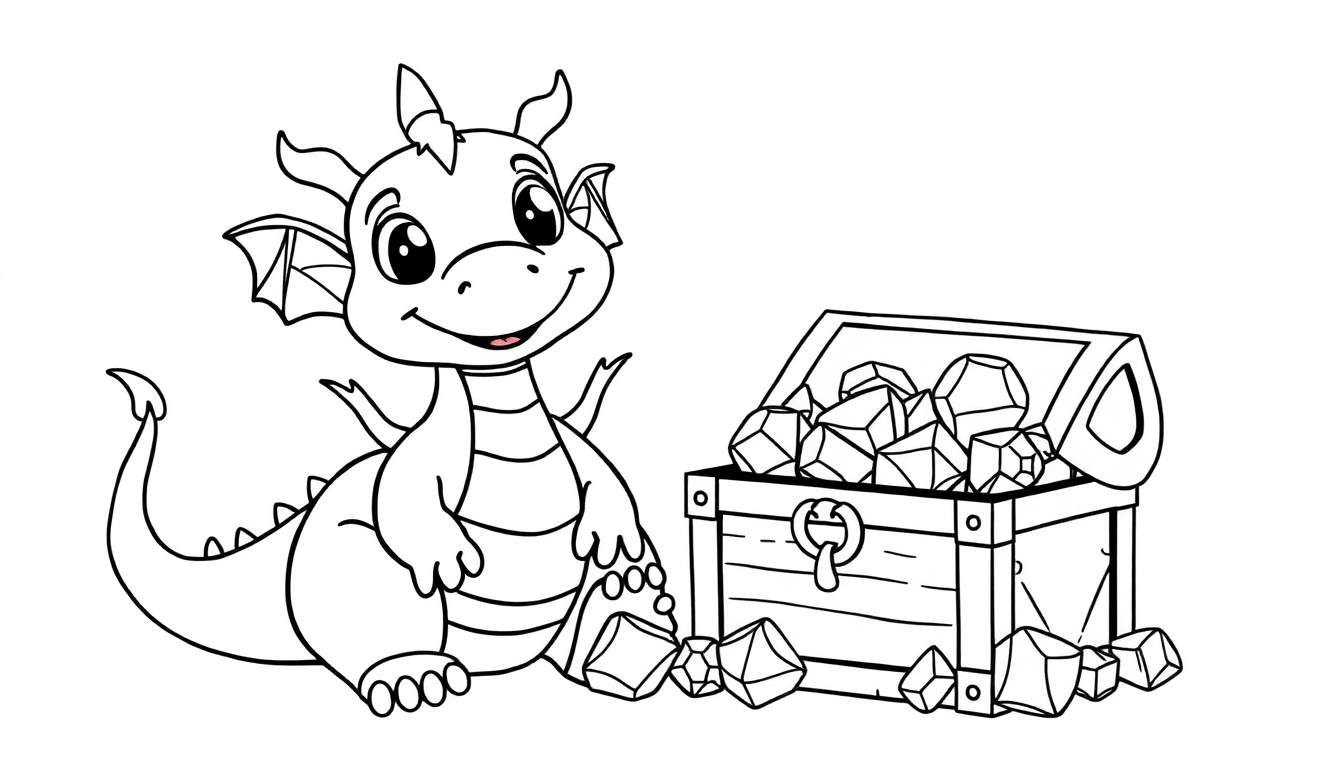 A cute cartoon dragon smiling next to a treasure chest, ready to be colored in this black and white color panel.