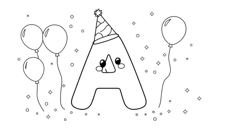 A cute letter A coloring panel wearing a party hat with balloons and confetti.