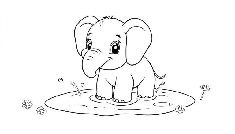 A baby elephant in a puddle, a black and white color panel for kids.