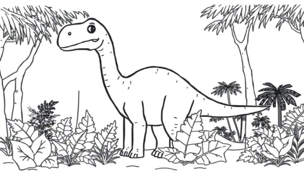 A friendly Brachiosaurus with a long neck on a coloring panel, in a prehistoric forest. Perfect for a black and white coloring page.