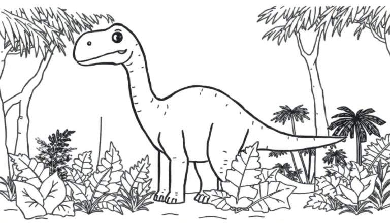 A friendly Brachiosaurus with a long neck on a coloring panel, in a prehistoric forest. Perfect for a black and white coloring page.