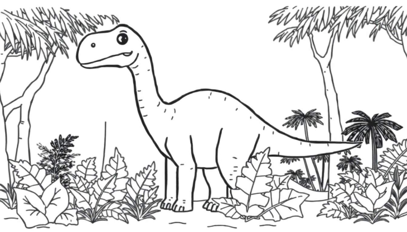 A friendly Brachiosaurus with a long neck on a coloring panel, in a prehistoric forest. Perfect for a black and white coloring page.
