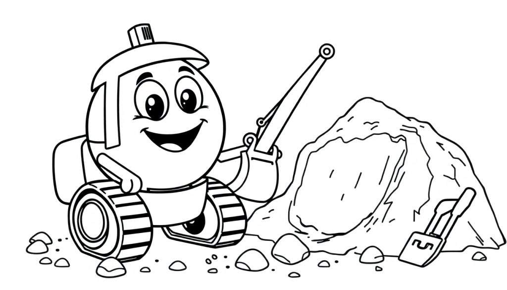 A happy cartoon excavator, part of a color panel, smiling as it digs in the dirt.