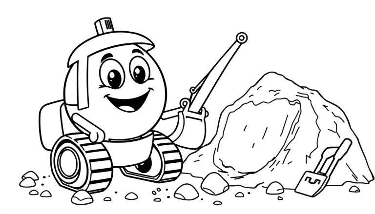 A happy cartoon excavator, part of a color panel, smiling as it digs in the dirt.