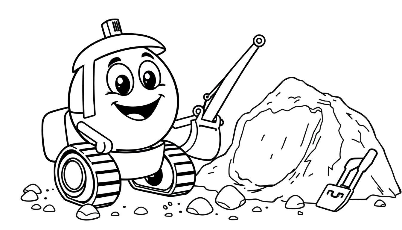 A happy cartoon excavator, part of a color panel, smiling as it digs in the dirt.