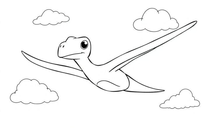A cute cartoon pterodactyl in a black and white line drawing, flying through clouds, ready for coloring. This color panel features a friendly dinosaur.