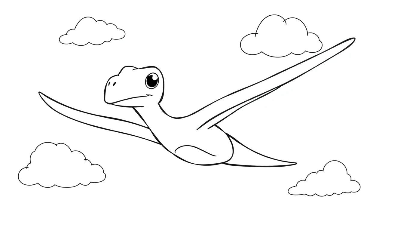 A cute cartoon pterodactyl in a black and white line drawing, flying through clouds, ready for coloring. This color panel features a friendly dinosaur.
