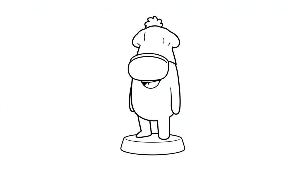 A black and white line drawing of a chef Among Us character on a color panel, ready to be colored.