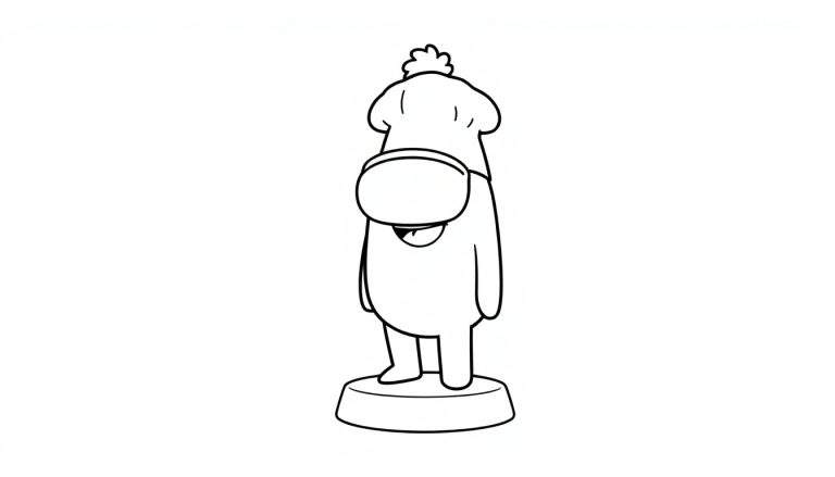 A black and white line drawing of a chef Among Us character on a color panel, ready to be colored.