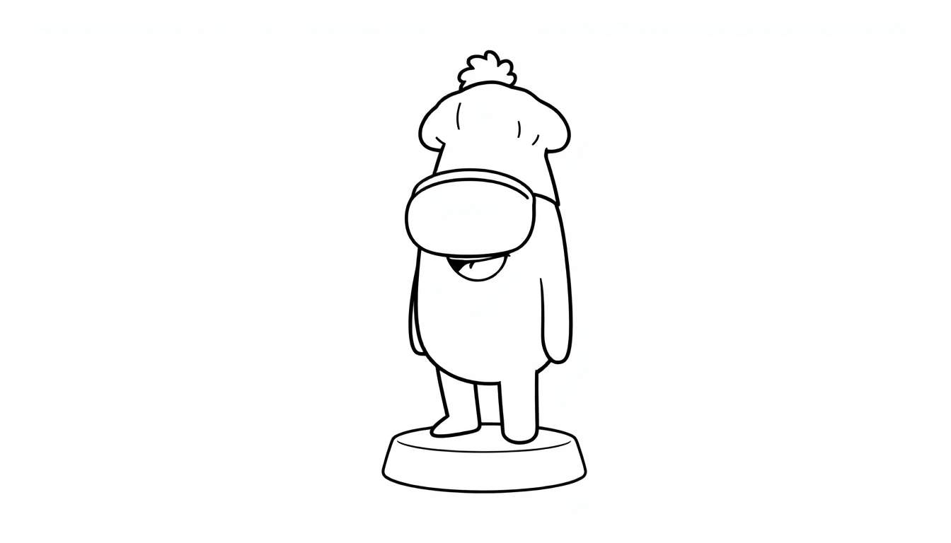 A black and white line drawing of a chef Among Us character on a color panel, ready to be colored.