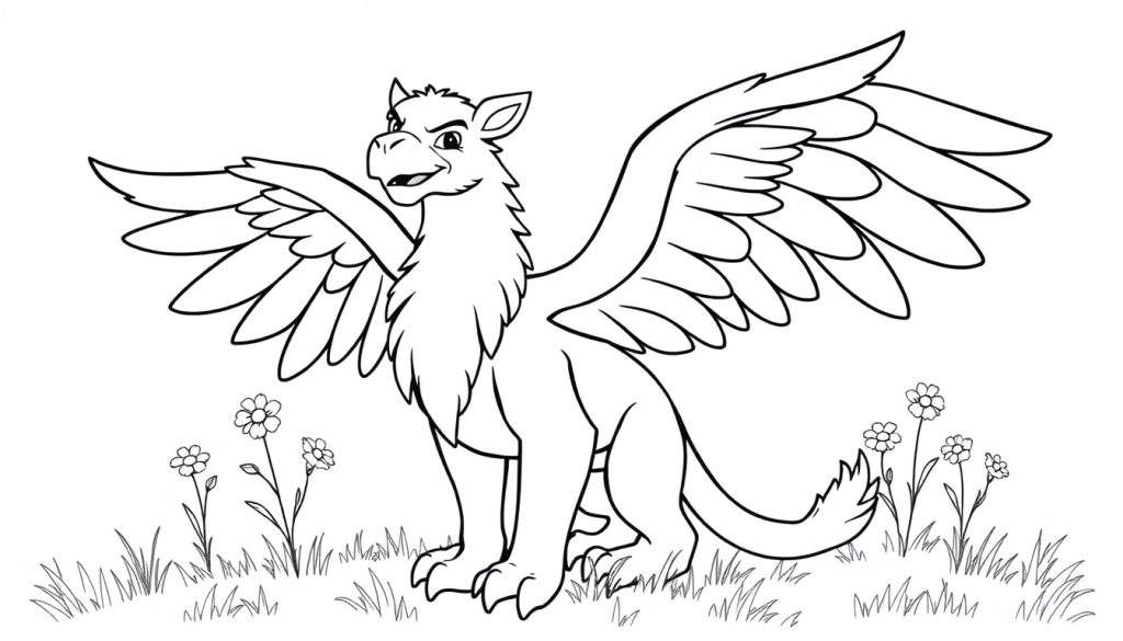 A cartoon griffin with eagle head and lion body, wings spread, standing in a field of grass and flowers, ready for a coloring adventure in this color panel.