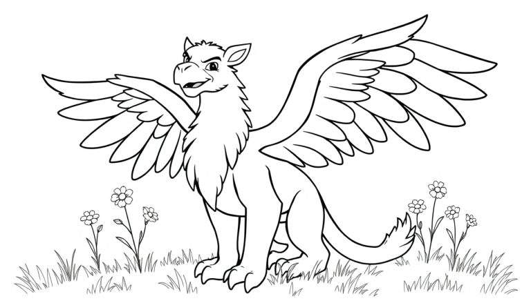 A cartoon griffin with eagle head and lion body, wings spread, standing in a field of grass and flowers, ready for a coloring adventure in this color panel.