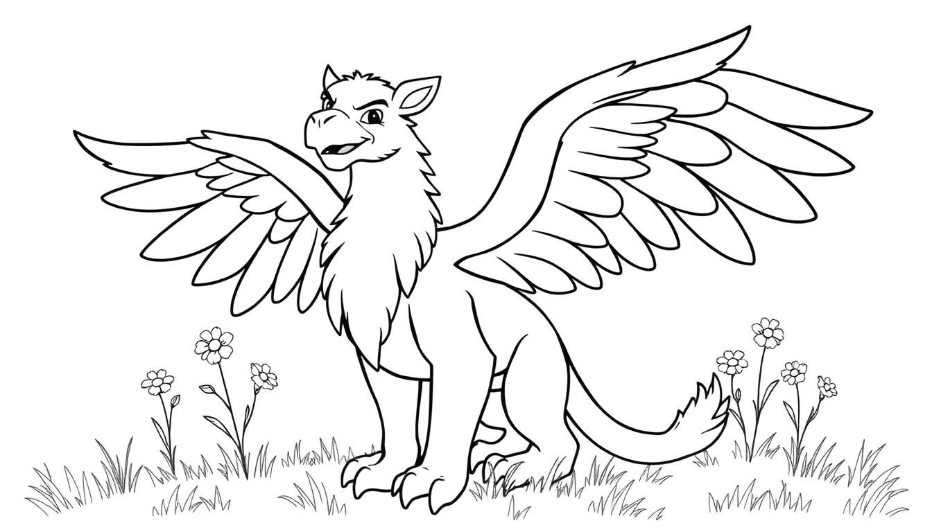 A cartoon griffin with eagle head and lion body, wings spread, standing in a field of grass and flowers, ready for a coloring adventure in this color panel.