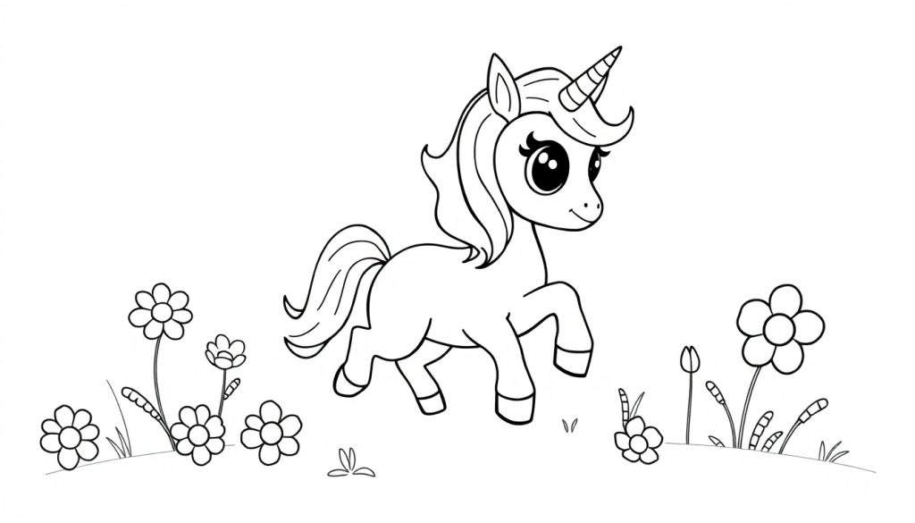 A cute unicorn in a flower field, a black and white coloring panel.