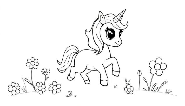 A cute unicorn in a flower field, a black and white coloring panel.
