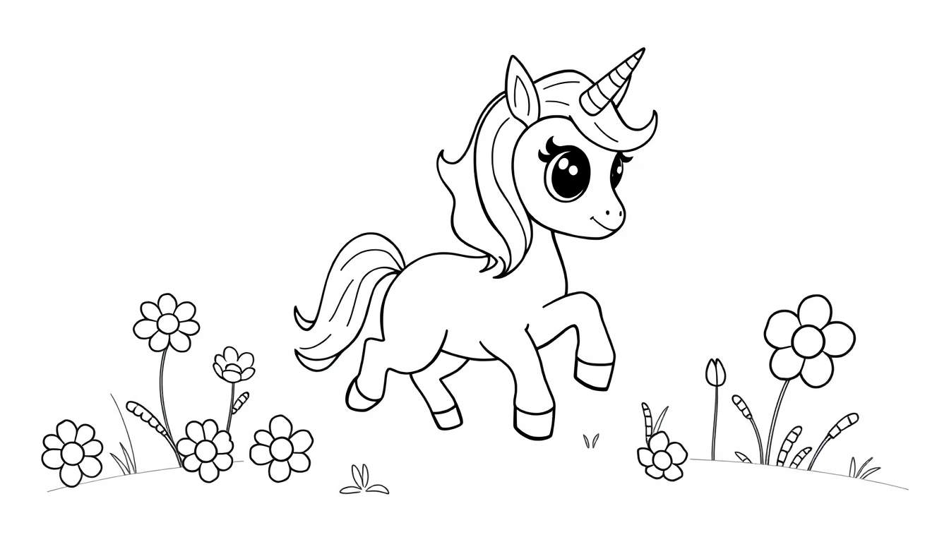 A cute unicorn in a flower field, a black and white coloring panel.