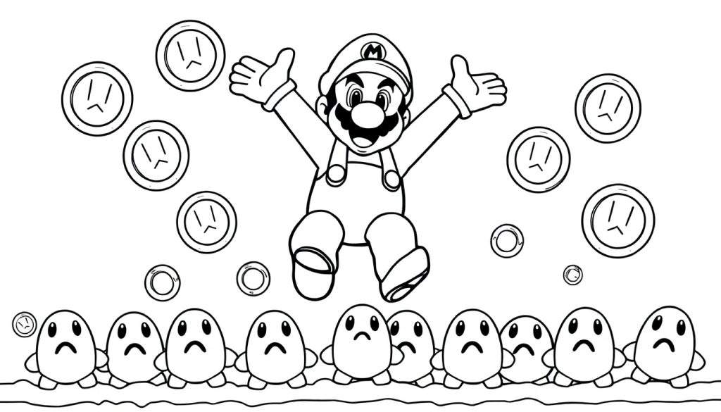 Black and white coloring panel of Mario jumping joyfully, surrounded by glum coins and sad ghosts.