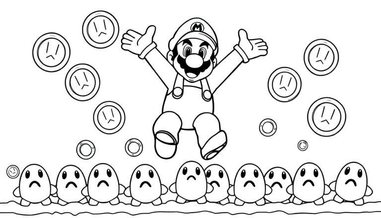 Black and white coloring panel of Mario jumping joyfully, surrounded by glum coins and sad ghosts.
