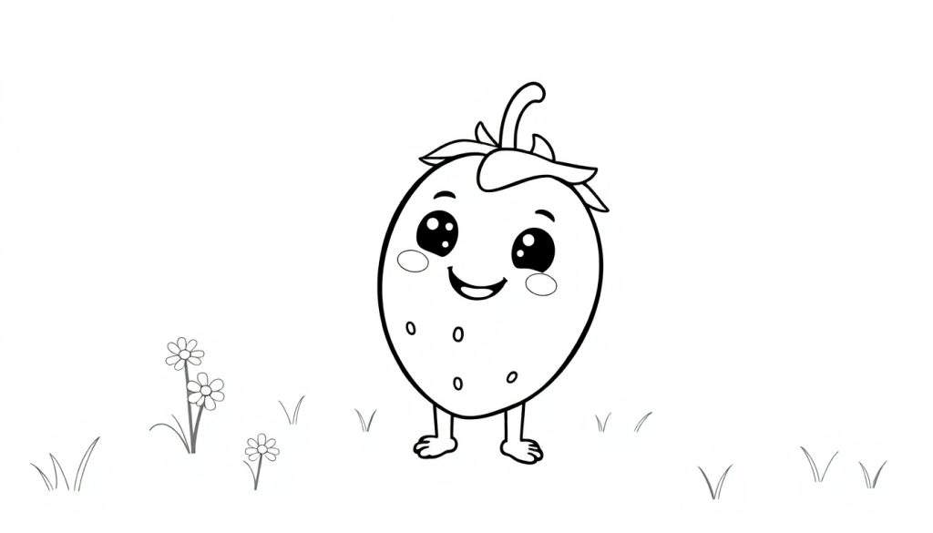 A simple black and white cartoon strawberry with a happy face and little feet, standing on grass, ready for a color panel.
