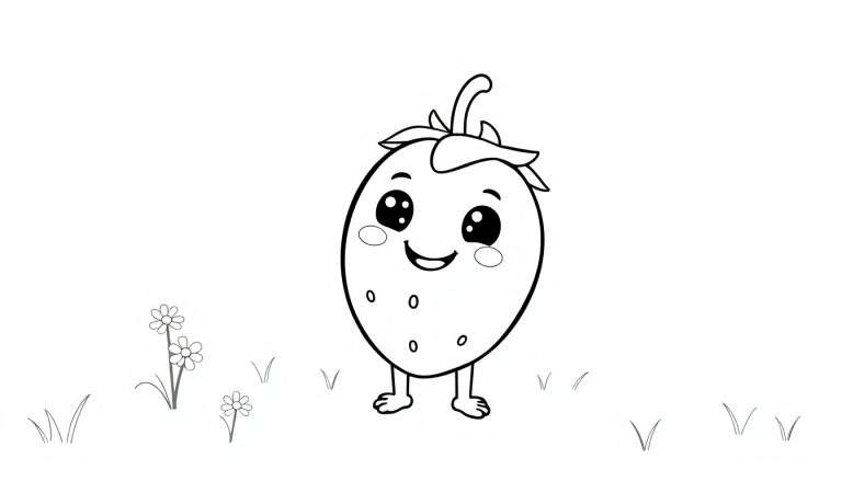 A simple black and white cartoon strawberry with a happy face and little feet, standing on grass, ready for a color panel.