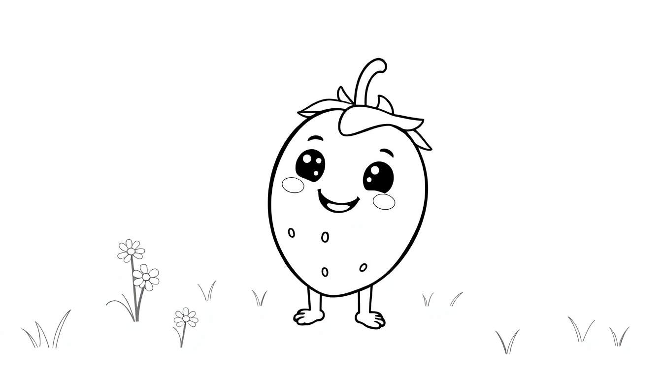 A simple black and white cartoon strawberry with a happy face and little feet, standing on grass, ready for a color panel.