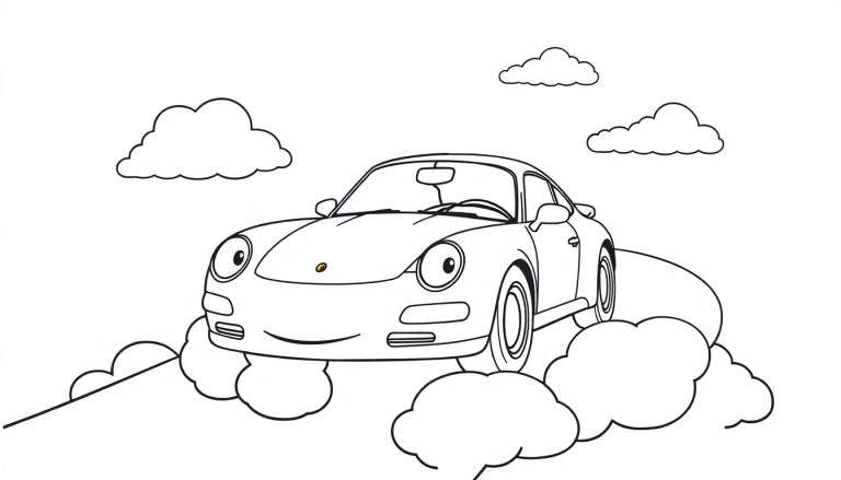 A friendly, black and white cartoon Porsche with a smiling face floats happily among fluffy clouds, ready for a color panel adventure.