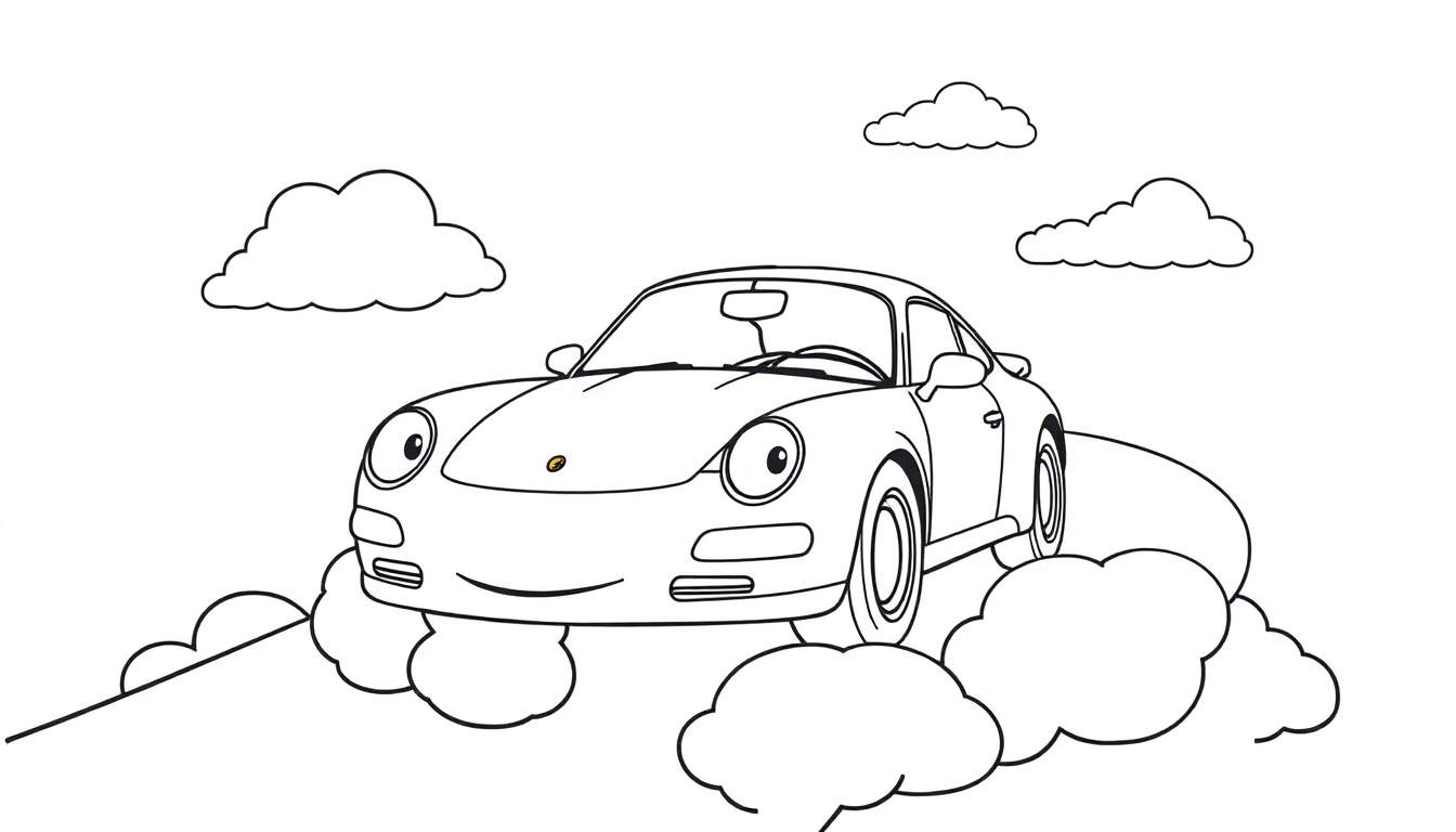 A friendly, black and white cartoon Porsche with a smiling face floats happily among fluffy clouds, ready for a color panel adventure.