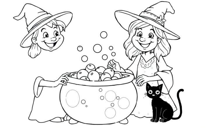 A friendly witch stirs a bubbly cauldron, with her cat watching. A perfect color panel for Halloween fun!