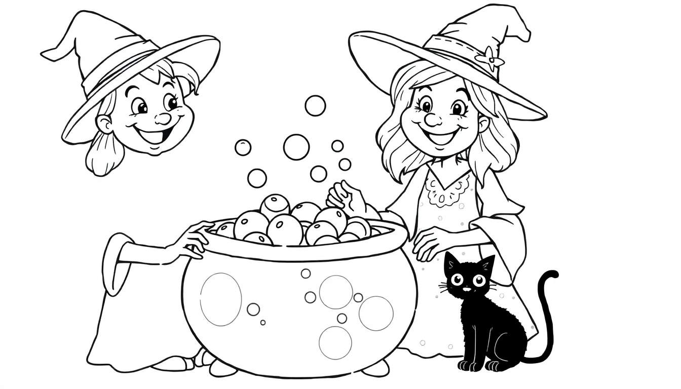 A friendly witch stirs a bubbly cauldron, with her cat watching. A perfect color panel for Halloween fun!