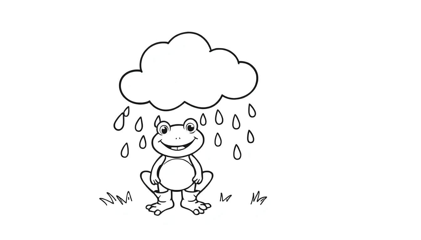 A smiling frog wearing boots stands under a rain cloud with colorful raindrops falling.