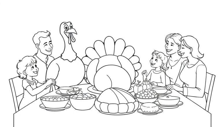 A black and white coloring panel of a family enjoying Thanksgiving dinner with a friendly turkey.