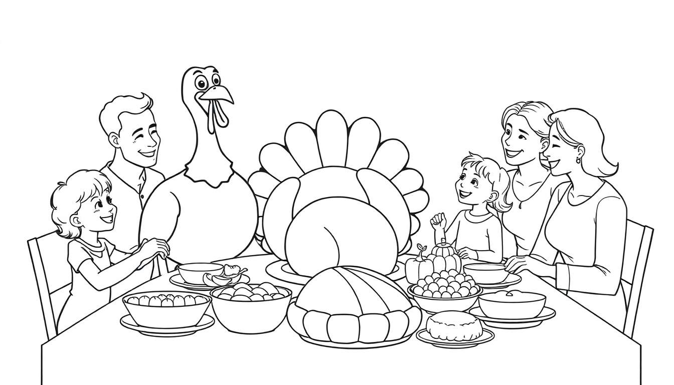 A black and white coloring panel of a family enjoying Thanksgiving dinner with a friendly turkey.